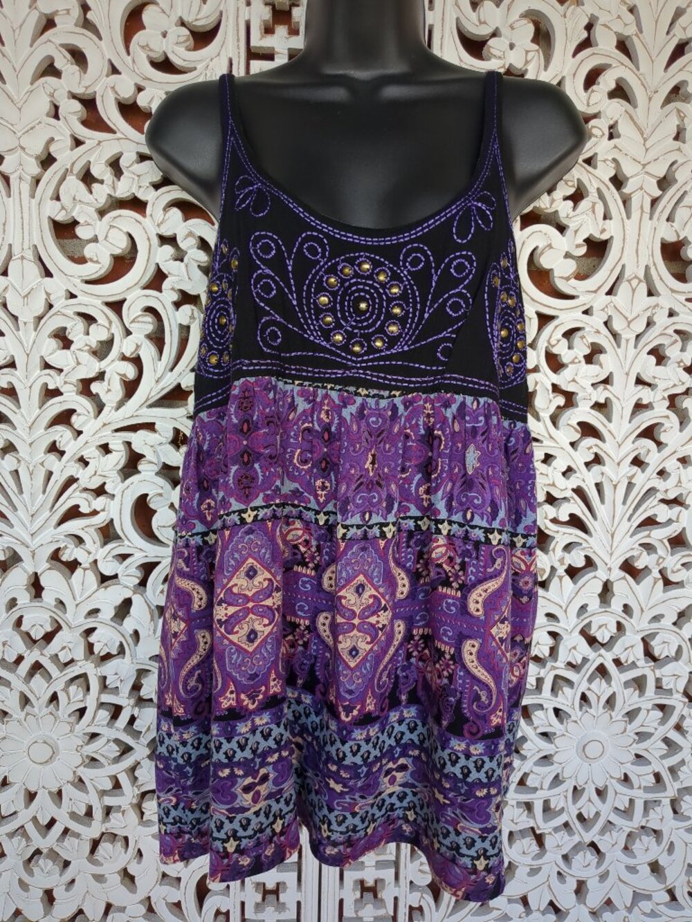 Angie Purple & Black Embroidered Boho Tank Top